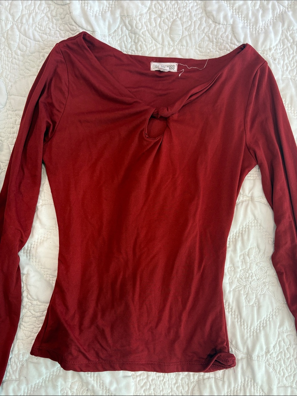 Long-Sleeve Keyhole Top — Burgundy